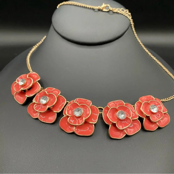 Coral Floral Enamel Rose  Collar Necklace - Picture 10 of 10